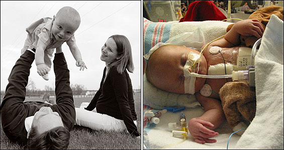 The Deffaas (left) - Brian, Jennifer, and 16-month-old William – near their new home in Michigan. About 10 days old, William Deffaa (right) lies in intensive care at Children's Hospital in Boston last year. Three months before he was born, doctors diagnosed him with what would have been a fatal heart defect and attempted to correct his condition with experimental surgery while he grew in his mother's womb.